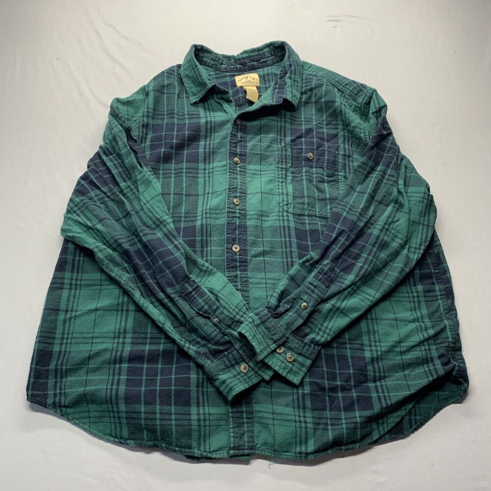 Blue Mountain Men 2XL Shirt Green Plaid Flannel Button Up 100% Cotton Outdoor